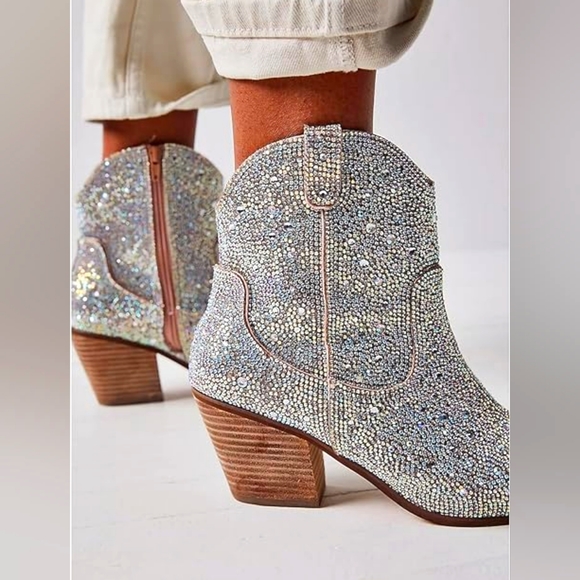 Boho Festival AB Rhinestone Western Ankle Boots - Picture 4 of 5